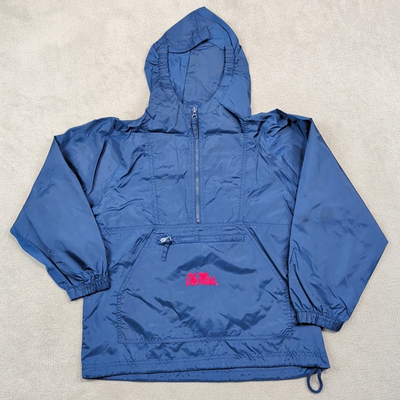 Hibbett Sports Vintage Ole Miss Windbreaker M 10-12 Navy Nylon Anorak Hooded — photo 2